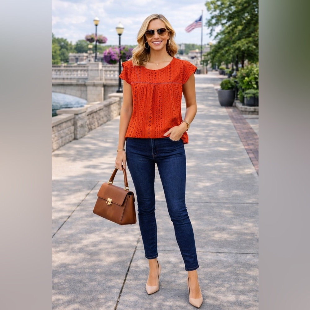Pleione Blouse Red Orange Geometric Cap Sleeve‎